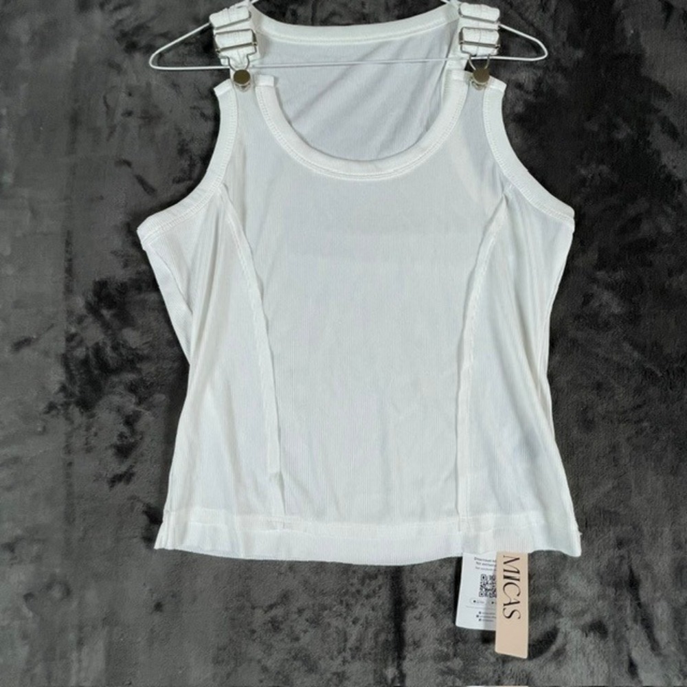 Micas White Ribbed Tank Top Buckle Shoulder Detail Large NEW